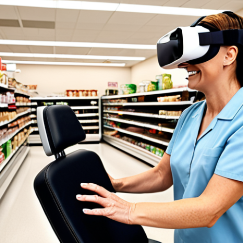 Home 4 **
A bright and engaging occupational therapy session with a stroke patient. The therapist is guiding the patient through a VR simulation of grocery shopping, helping them practice decision-making and memory skills in a realistic setting. The patient is smiling and focused, wearing a VR headset. Background shows a supportive environment with adaptive equipment and visual aids.
**