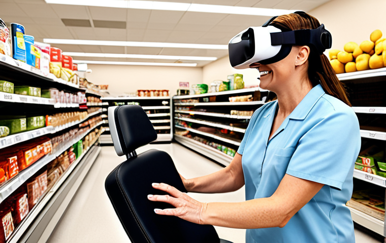 **
A bright and engaging occupational therapy session with a stroke patient. The therapist is guiding the patient through a VR simulation of grocery shopping, helping them practice decision-making and memory skills in a realistic setting. The patient is smiling and focused, wearing a VR headset. Background shows a supportive environment with adaptive equipment and visual aids.
**