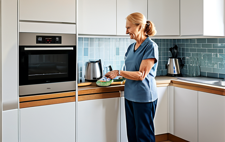 A compassionate occupational therapist, an adult woman, wearing a professional yet comfortable top and trousers, is gently guiding an elderly adult man, wearing modest casual clothing, as he carefully practices retrieving items from a lower kitchen cabinet. They are in a well-lit, tidy home kitchen, with adapted features visible like non-slip mats. The scene captures the essence of personalized home-based rehabilitation and support for daily living activities. Professional photography, realistic, high detail, perfect anatomy, correct proportions, natural pose, well-formed hands, proper finger count, natural body proportions, safe for work, appropriate content, fully clothed, professional dress, family-friendly.