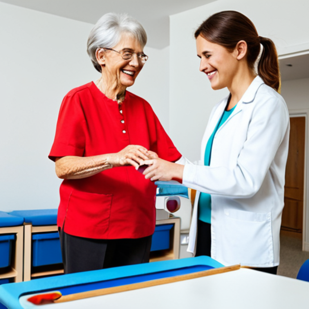 **

"A fully clothed, smiling occupational therapist assisting a senior woman in a brightly lit therapy room, appropriate attire, safe for work, helping her with a fine motor skills task, such as painting. The scene is family-friendly and emphasizes care and rehabilitation, perfect anatomy, correct proportions, natural pose, professional."

**