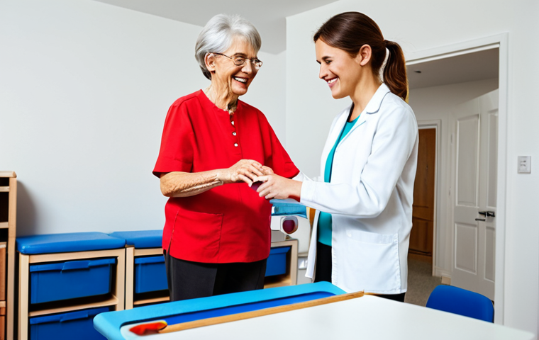 **
"A fully clothed, smiling occupational therapist assisting a senior woman in a brightly lit therapy room, appropriate attire, safe for work, helping her with a fine motor skills task, such as painting. The scene is family-friendly and emphasizes care and rehabilitation, perfect anatomy, correct proportions, natural pose, professional."
**