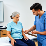 **

"A physical therapist assisting a stroke patient with dressing skills, demonstrating techniques for one-handed dressing, fully clothed, in a bright rehabilitation center, appropriate attire, safe for work, perfect anatomy, natural proportions, professional setting, high quality, family-friendly"

**