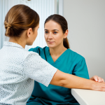 A female occupational therapist in a brightly lit rehabilitation clinic, carefully assessing a patient's arm movement. The patient is fully clothed and seated comfortably. Focus on the therapist's attentive expression and gentle touch. Background includes medical equipment and charts. Perfect anatomy, correct proportions, natural pose, safe for work, appropriate content, fully clothed, professional, high quality photography.