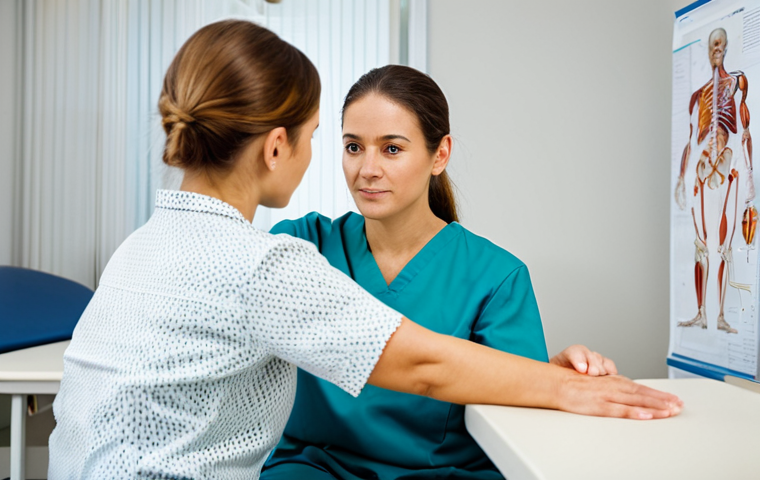 A female occupational therapist in a brightly lit rehabilitation clinic, carefully assessing a patient's arm movement. The patient is fully clothed and seated comfortably. Focus on the therapist's attentive expression and gentle touch. Background includes medical equipment and charts. Perfect anatomy, correct proportions, natural pose, safe for work, appropriate content, fully clothed, professional, high quality photography.
