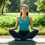 작업치료사의 업무 스트레스 관리 - "A woman fully clothed in comfortable, modest clothing, peacefully practicing yoga outdoors in a sun...
