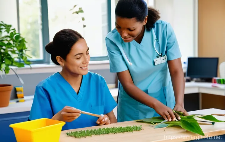 작업치료사의 병원 내 교육 참여 - **Prompt:** A warm and inviting home living room where a female occupational therapist, in a clean, ...