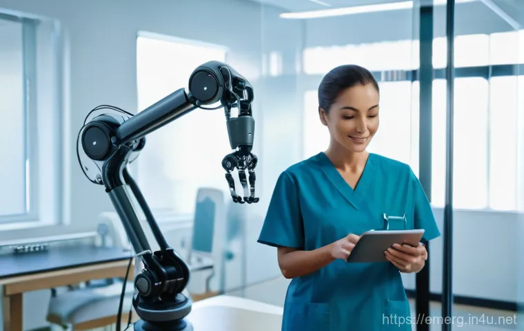 작업치료사의 최신 치료 기술 성공 사례 연구 - **Prompt:** A modern, brightly lit rehabilitation center with a patient, approximately 50s, with a h...