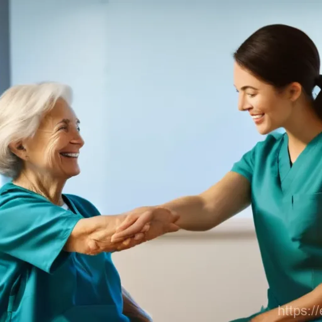 작업치료사로서의 긍정적 사고법 - A compassionate female occupational therapist, wearing clean scrubs, gently smiles at an elderly fem...