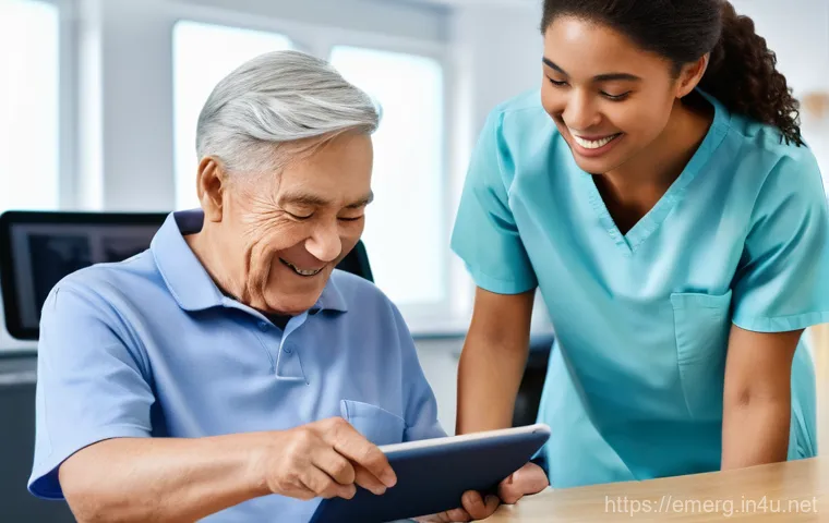 작업치료사의 동료 평가 피드백 관리 - An occupational therapist (OT) with a warm smile is gently guiding an elderly male patient, who is f...