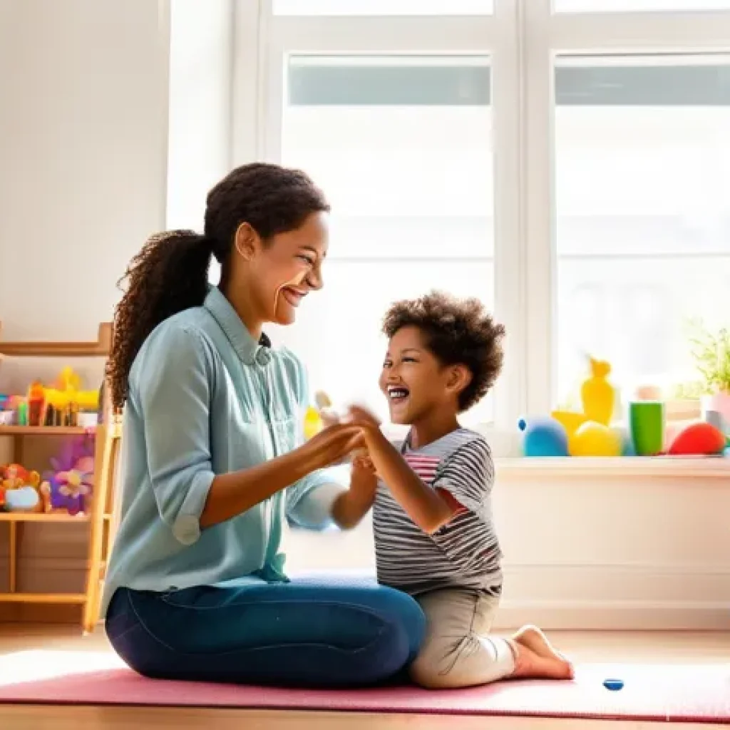 작업치료사의 다양한 직무 사례 - **A joyful scene in a brightly lit therapy room for children.** An occupational therapist, a kind an...