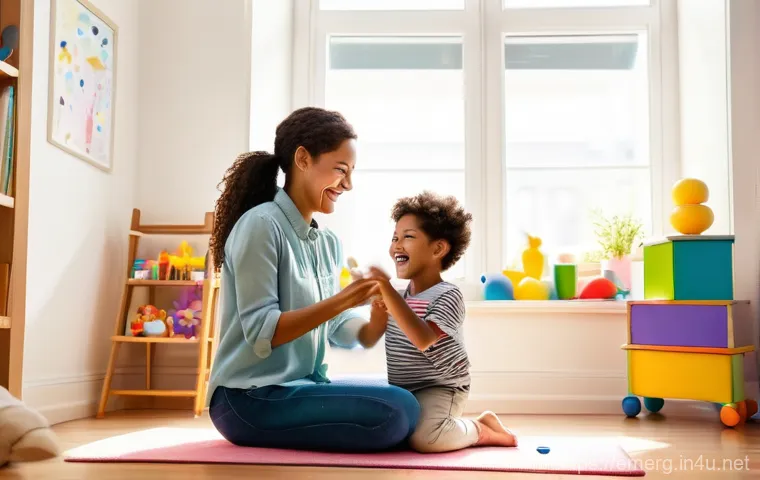 작업치료사의 다양한 직무 사례 - **A joyful scene in a brightly lit therapy room for children.** An occupational therapist, a kind an...