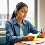 Home 20 작업치료사 실습생 포트폴리오 작성법 - **Prompt 1: Reflective Occupational Therapy Student Analyzing Field Log**
A young, determined fe...